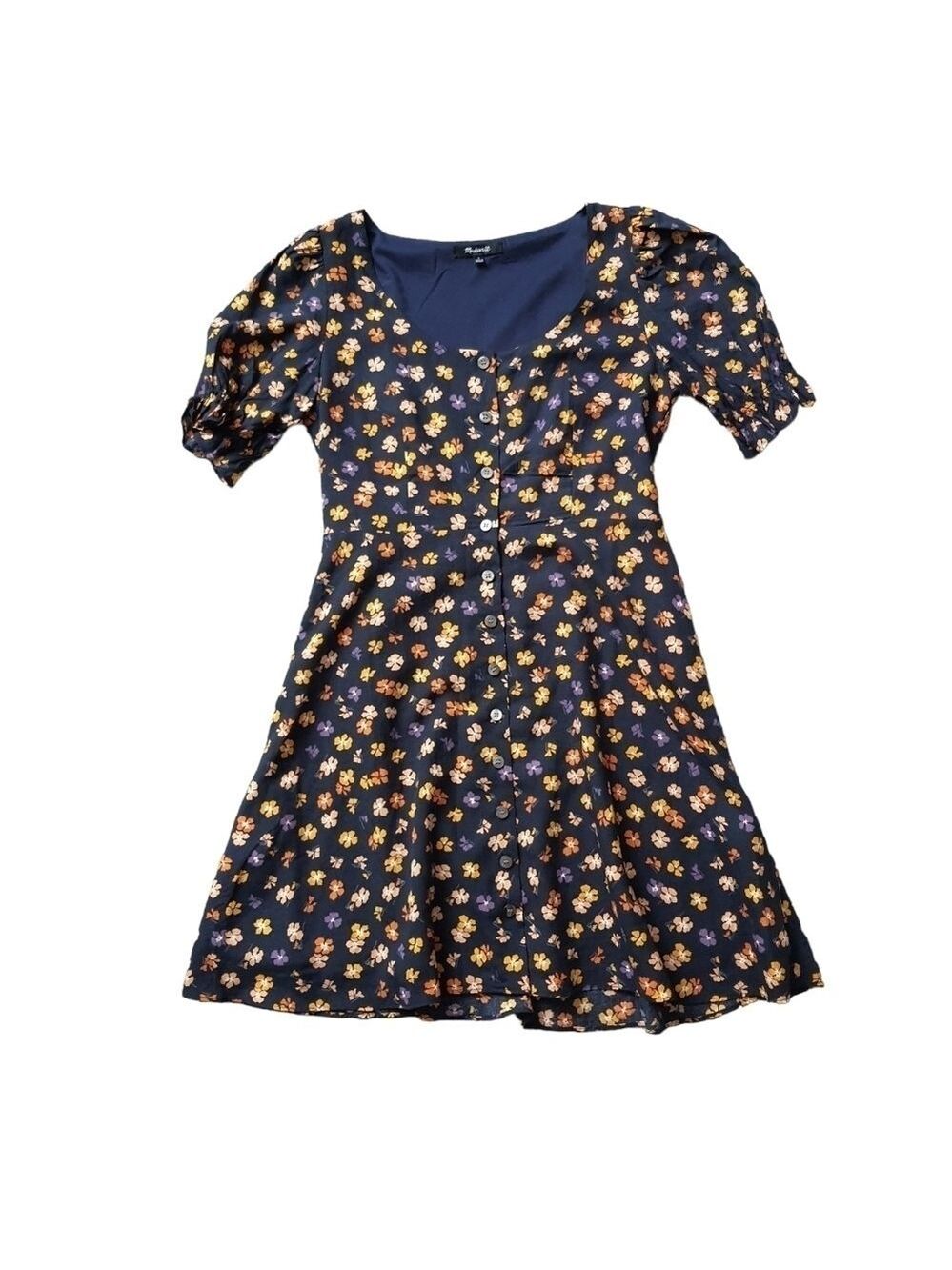 Madewell Navy Floral Smocked Sleeve Button Front Mini Dress Size 0 Hibiscus